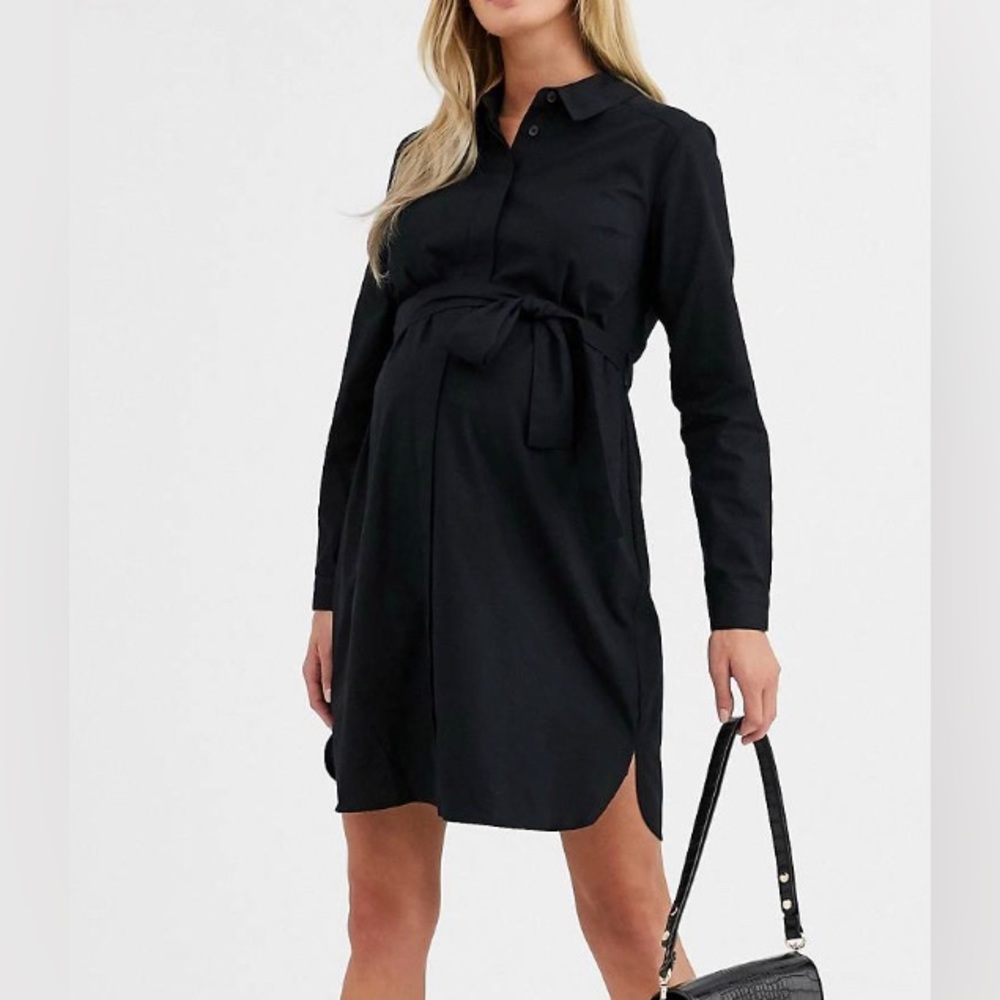 ASOS DESIGN Maternity Cotton Shirt Dress with Tie Belt in Black